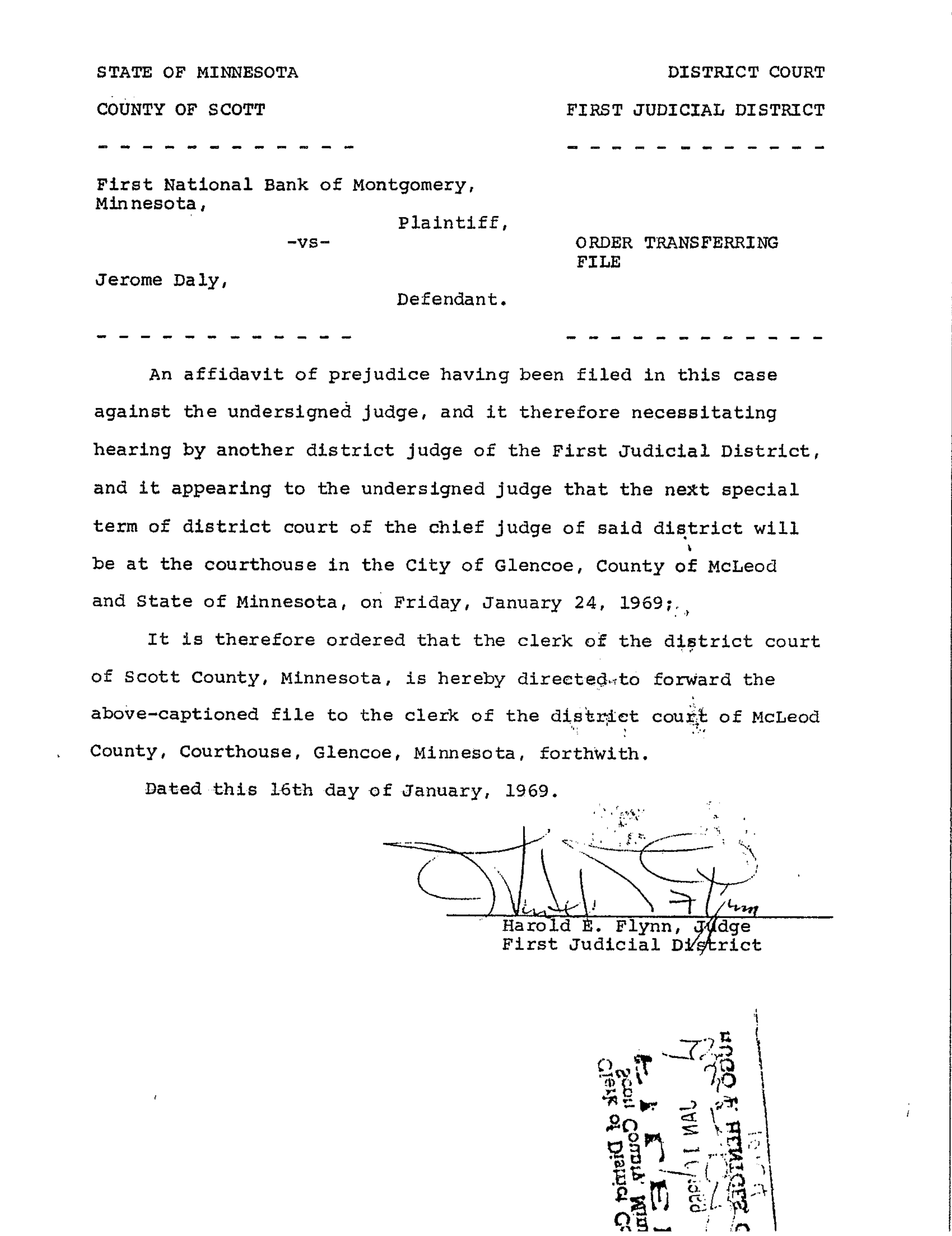 Judge Harold E. Flynn's Order Transferring File