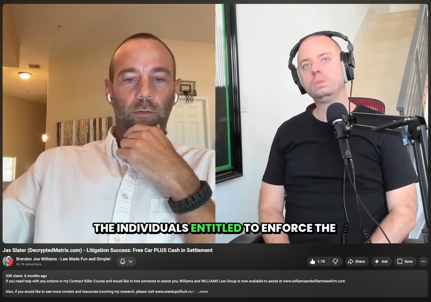 Jax Slater of DecryptedMatrix.com appearing on Brandon Joe Williams' channel — Litigation Success: Free Car PLUS Cash in Settlement
