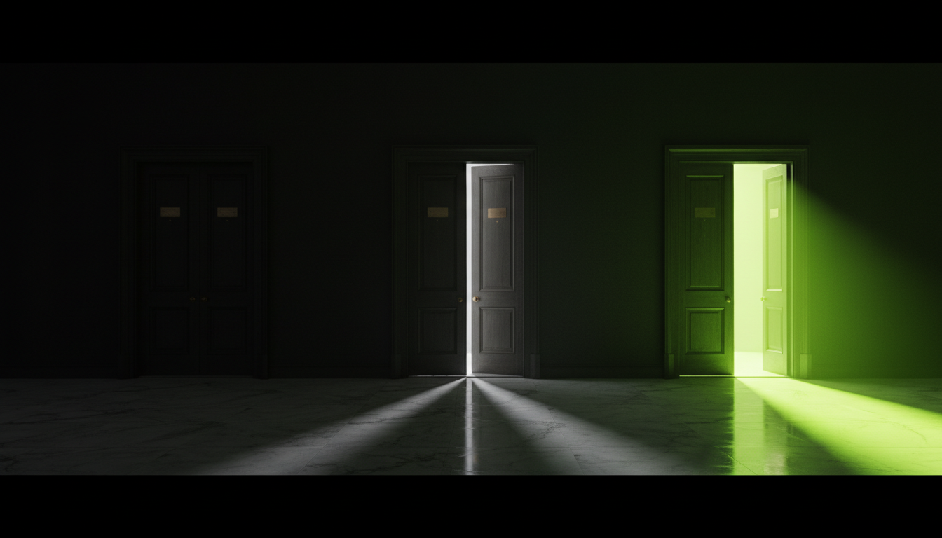 Three doors in a darkened corridor — leftmost sealed and dark, middle partially ajar with thin gray light, rightmost wide open with brilliant lime-green light spilling out